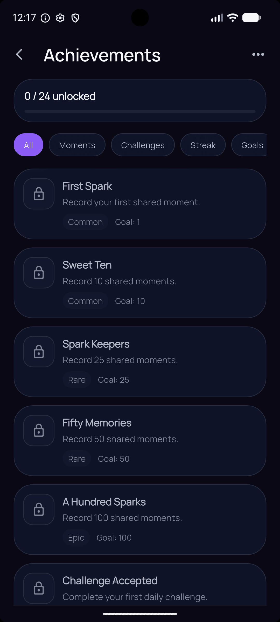 PIRILY achievements list showing unlockable milestones