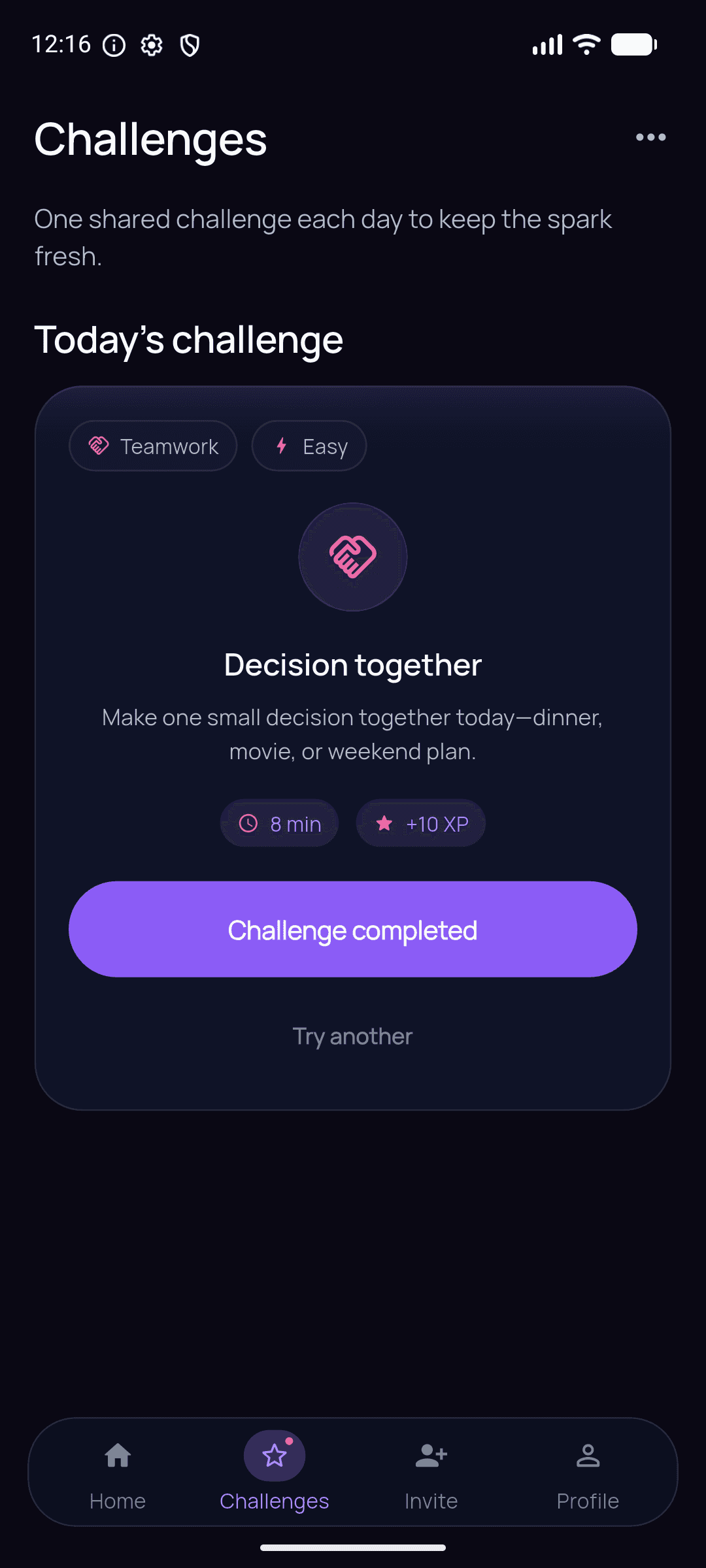 PIRILY daily couple challenge screen with a start button