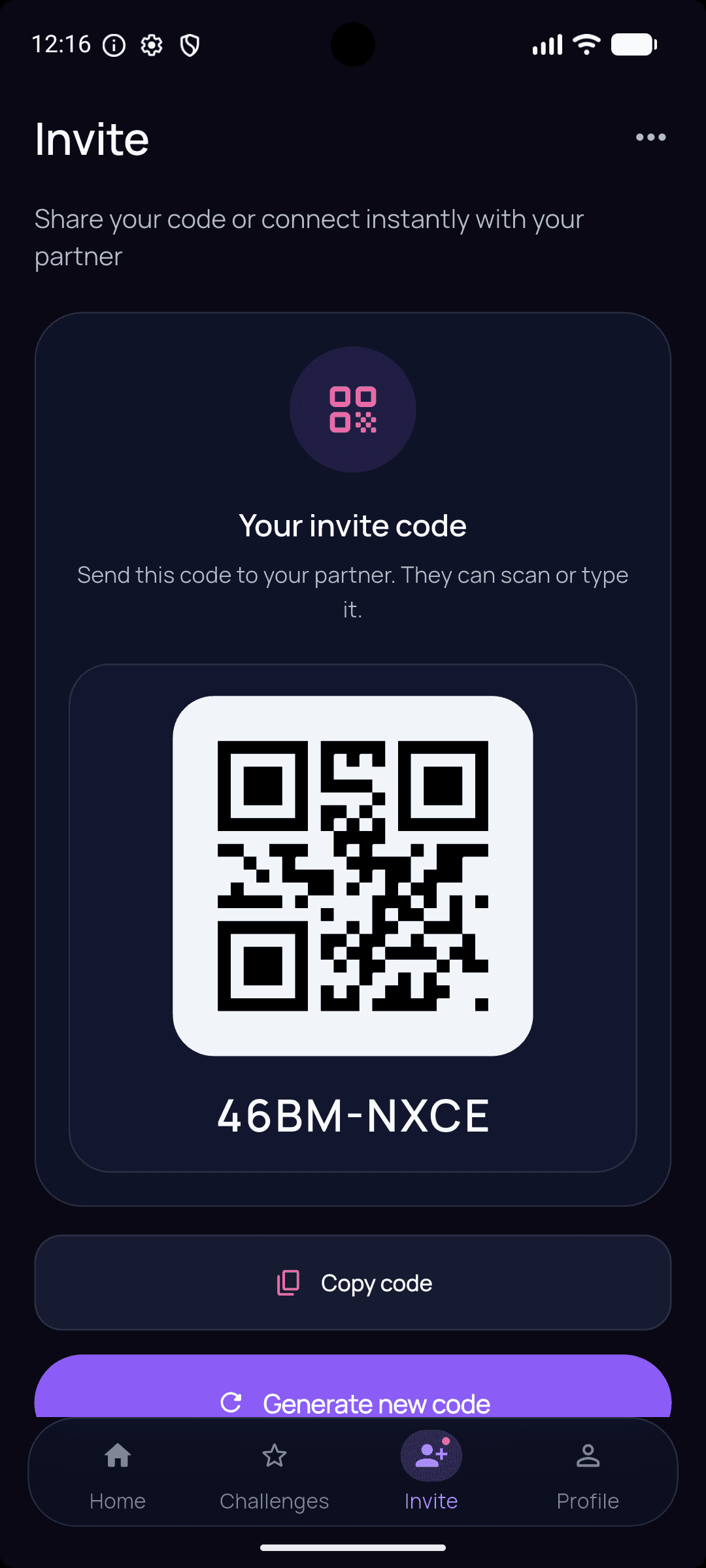PIRILY invite screen with a private QR code and pairing code